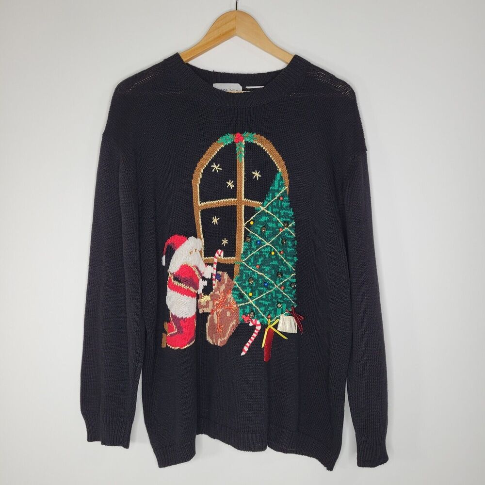 STEPHANIE THOMAS SPORT Christmas Sweater Size XL Santa Bells Embroidered